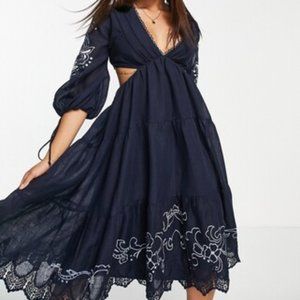 NWT ASOS DESIGN tiered voile midi dress with lace trim and embroidery